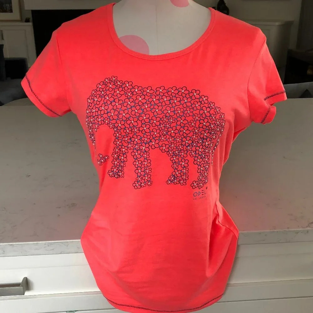 LUV SL by ODEL Casual Short Slv Scoop Neck Cotton Beaded TShirt Coral Sz M NWOT